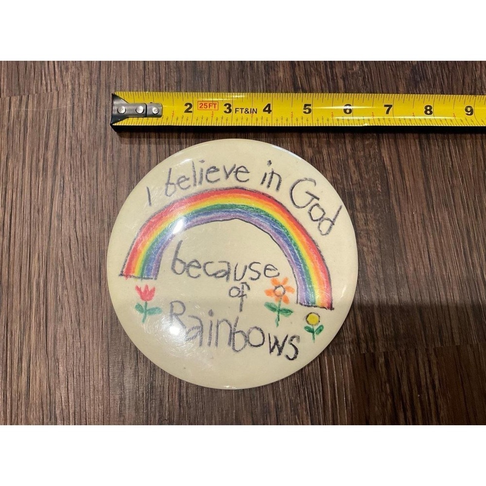 Hallmark Pinback Button I Believe In God Because Of Rainbows 6" 90s ReligiousY2K